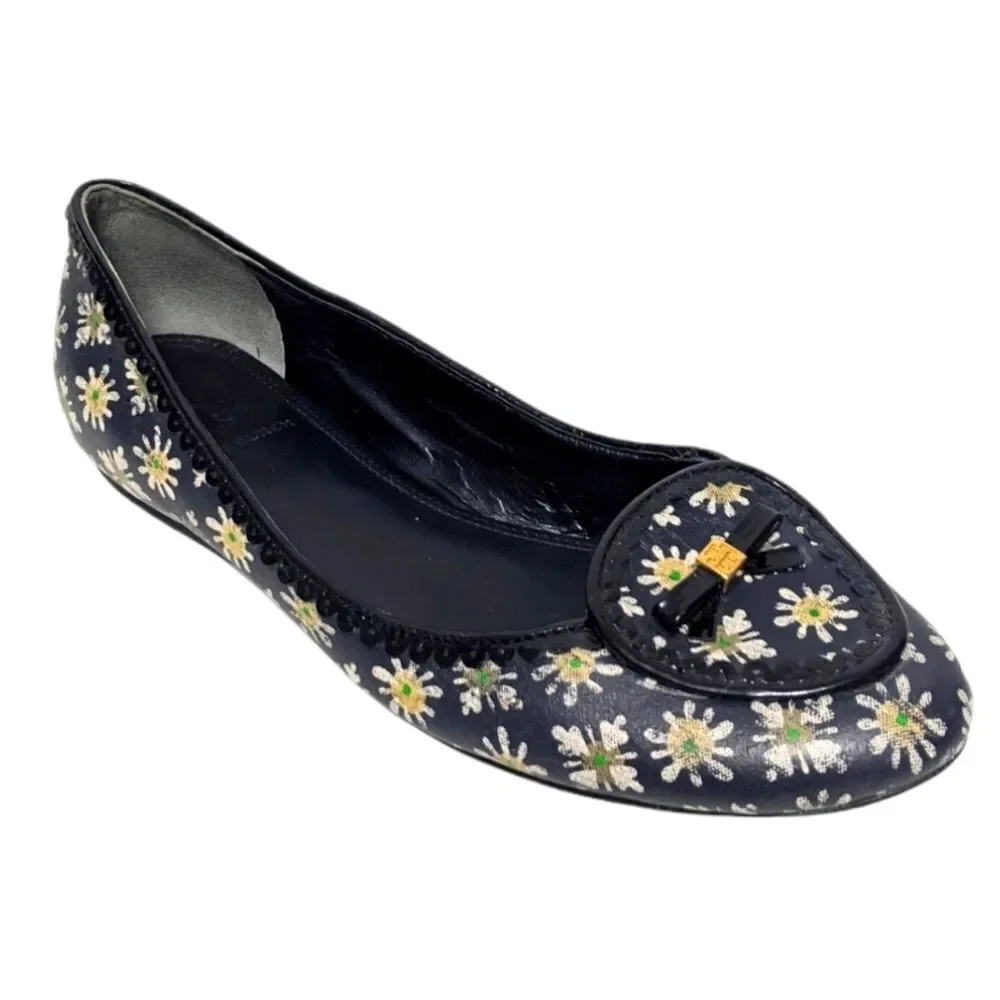 TORY BURCH Daisy Floral Navy Blue Flats Loafers 7